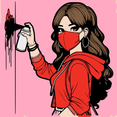 realistic girl with mask spray painting a wall