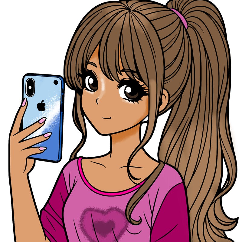 a realistic girl with a pony tail and a iphone