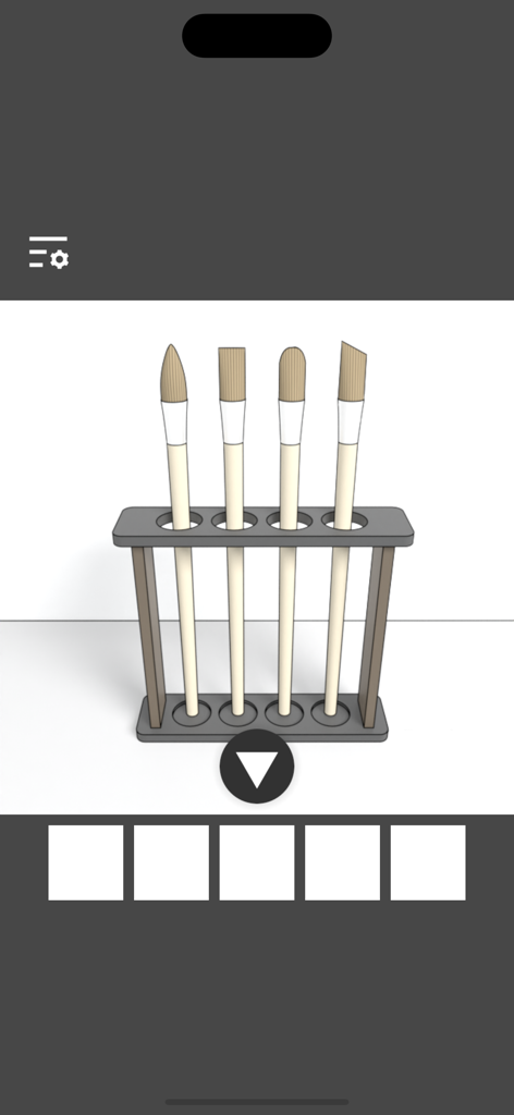 Un juego de cuatro pinceles de artista diferentes en un soporte de madera dentro de una habitación minimalista y limpia