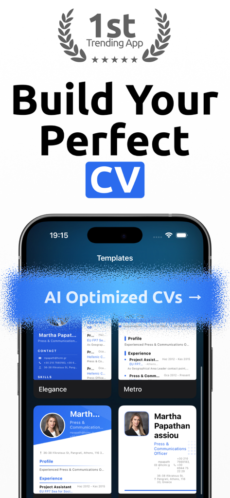 CV Maker: AI Resume Builder - Pantalla de smartphone mostrando plantillas de currículum profesionales dentro de la interfaz de la aplicación CV Maker AI.