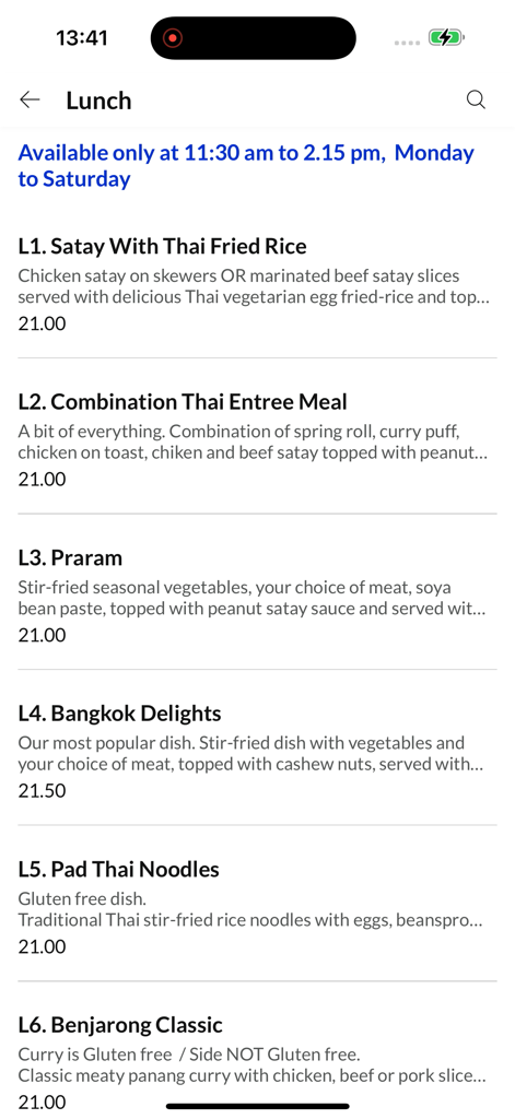 Benjarong Thai Restaurant. - Mobile app screen showing Thai lunch specials and pricing at Benjarong Thai Restaurant