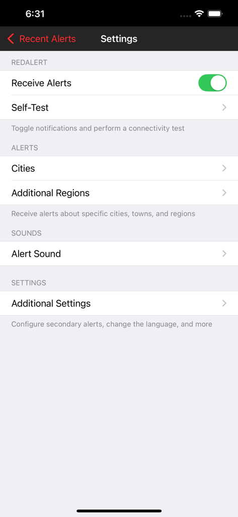 RedAlert app settings screen for configuring alert notifications, city selection, and alert sounds.