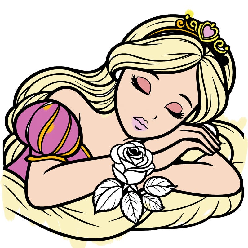 a fairytale princess sleeping with her hands crossed on her chest and a rose on her chest realistic
