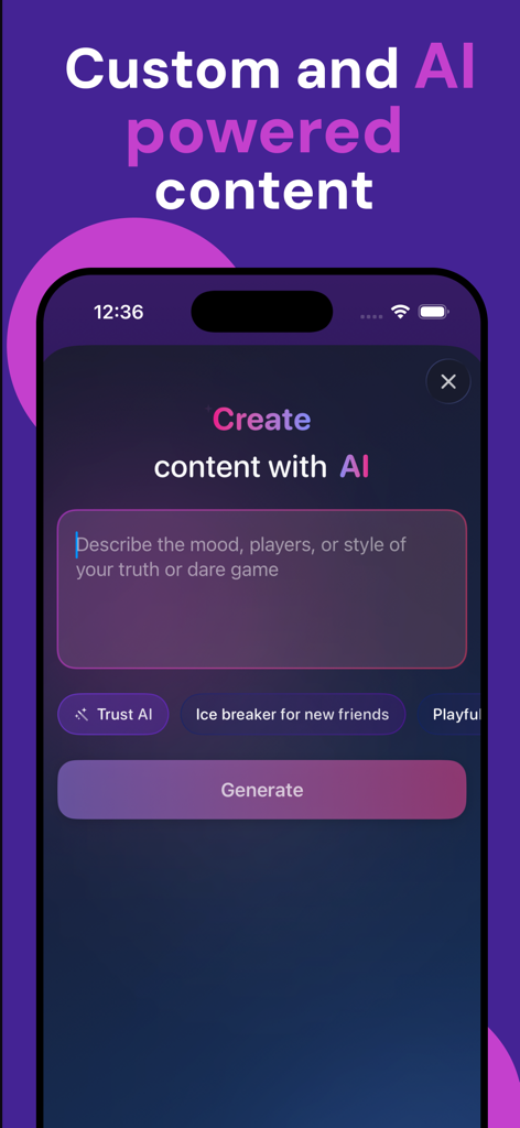 TalkFlow: Play Together - Captura de tela da interface do aplicativo TalkFlow mostrando um gerador de conteúdo de jogo de festa com tecnologia de IA com uma caixa de prompt para jogos de verdade ou desafio