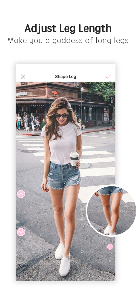 Interface of Photo Wonder app featuring the adjust leg length tool for photo editing
