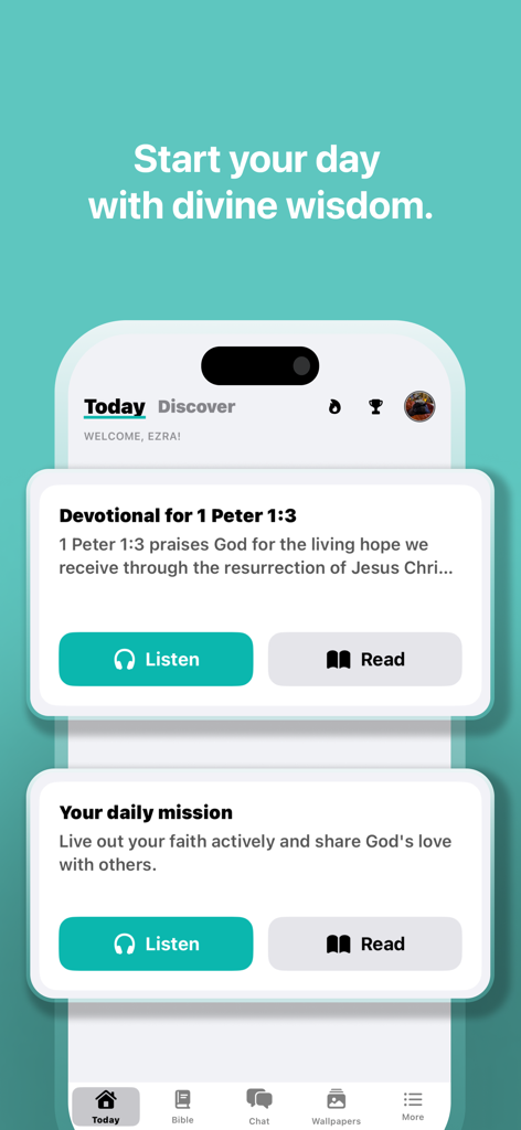 Amen Bible Chat app interface displaying daily devotional and mission options