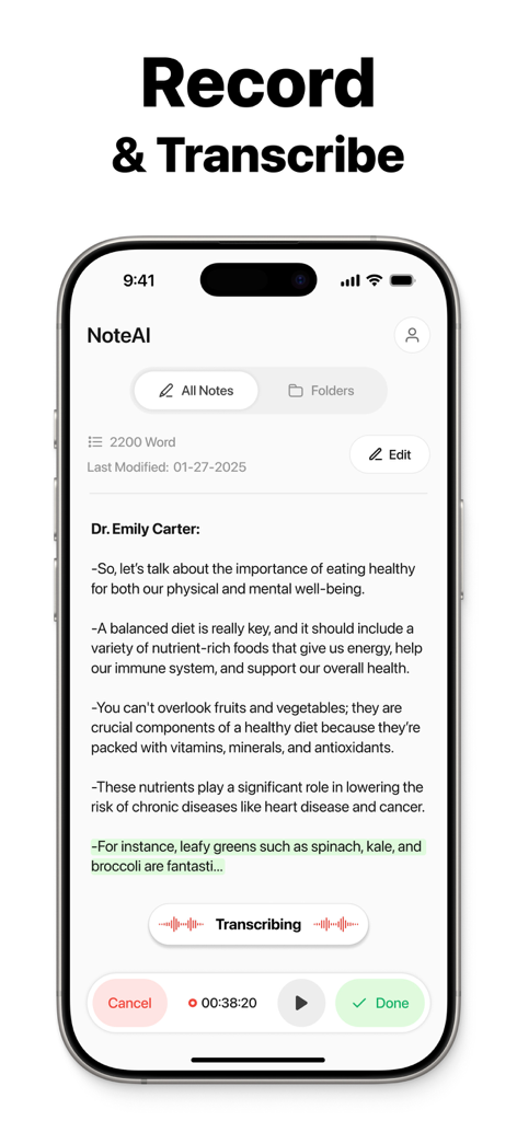 Note AI: Smart Note Taker - Interface of Note AI app showing a real-time transcription of a lecture on healthy eating