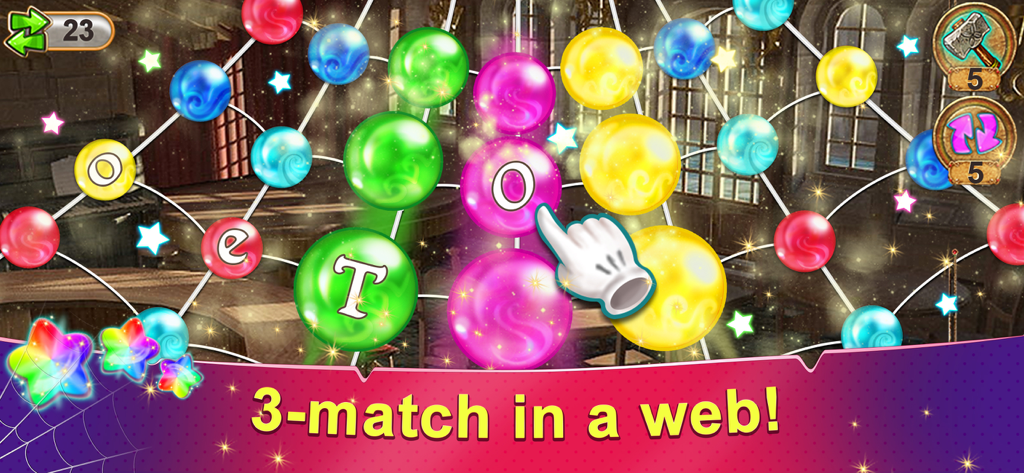 Jugabilidad del rompecabezas de Match-3 de Rainbow Web 3 en una cuadrícula de telaraña