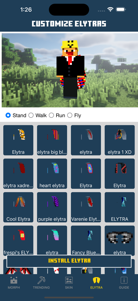 MCPE MORPH MODS FOR MINECRAFT - Minecraft character preview and selection grid for various elytra wing designs in a mobile mod app.