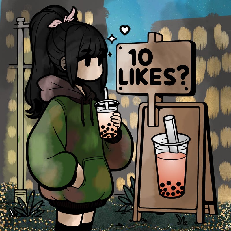 girl with oversized hoodie drinking boba and she has a high ponytail with a sign that says 10likes?