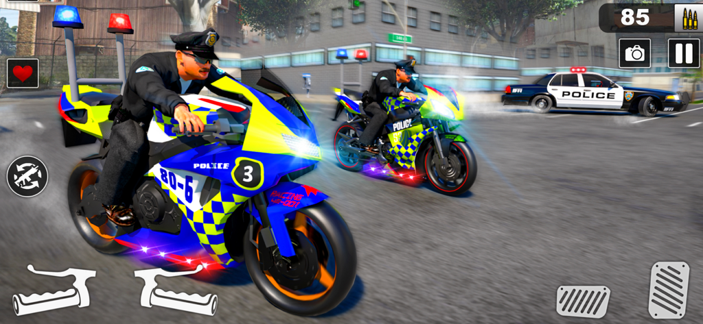 Police Moto Bike Chase Crime - Dos oficiales de policía conduciendo motocicletas a alta velocidad en una persecución callejera urbana