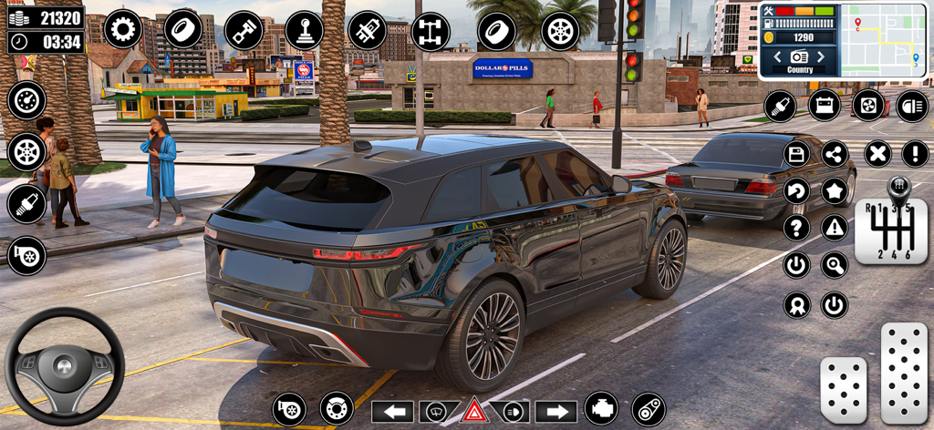 City Driving School Car Games - A black luxury SUV stopped at a traffic light in a city car driving simulation game