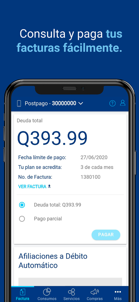 Tigo en Línea - Pantalla de la aplicación Tigo en Línea mostrando detalles de pago de facturas y el monto total de la deuda