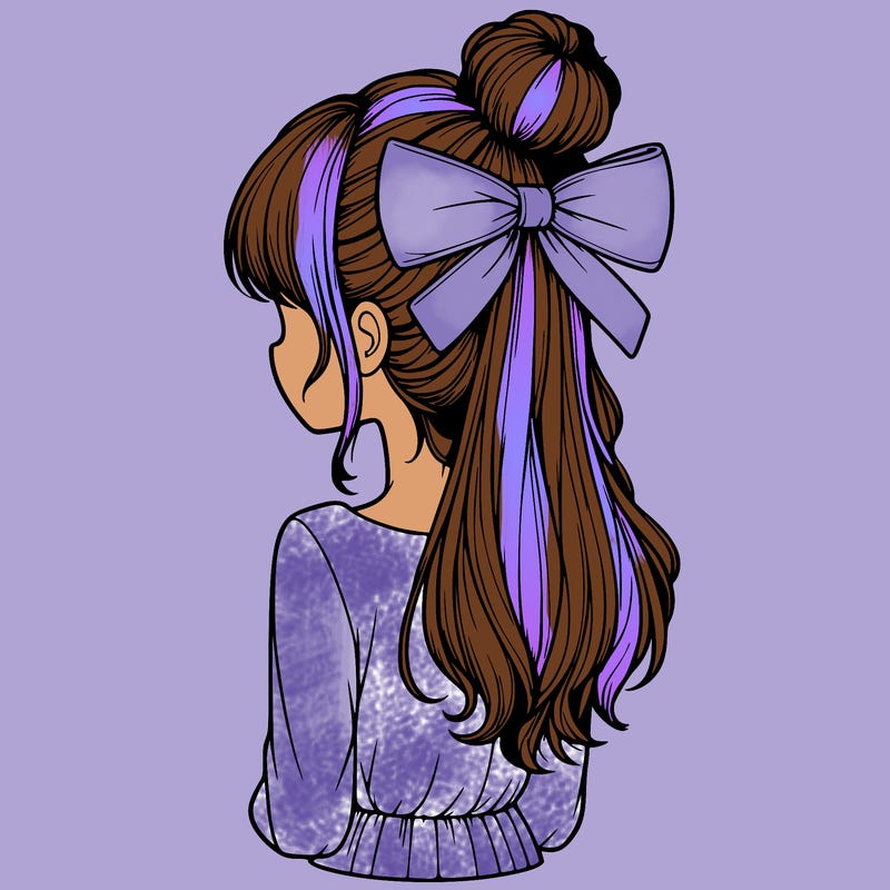 realistic girl  with hip length hair a bun and a big bow on the back of head