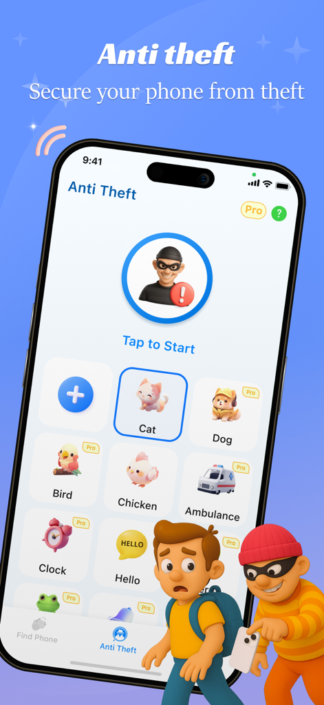 Amor AntiTheft-Clap Find Phone - Mobile app interface showing anti-theft motion alarm settings with various alert sound options like cat, dog, and siren.