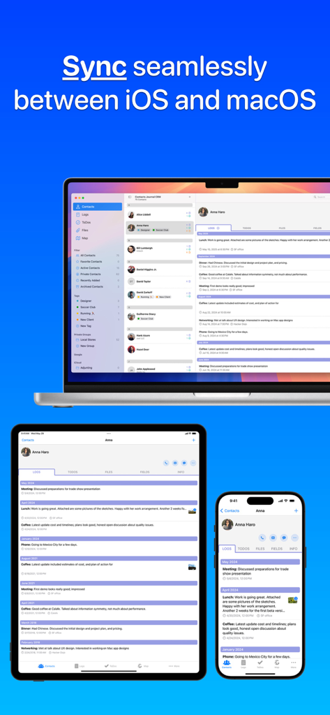 Contacts Journal CRM - Interfaz de Contacts Journal CRM sincronizada en iPhone, iPad y Mac.