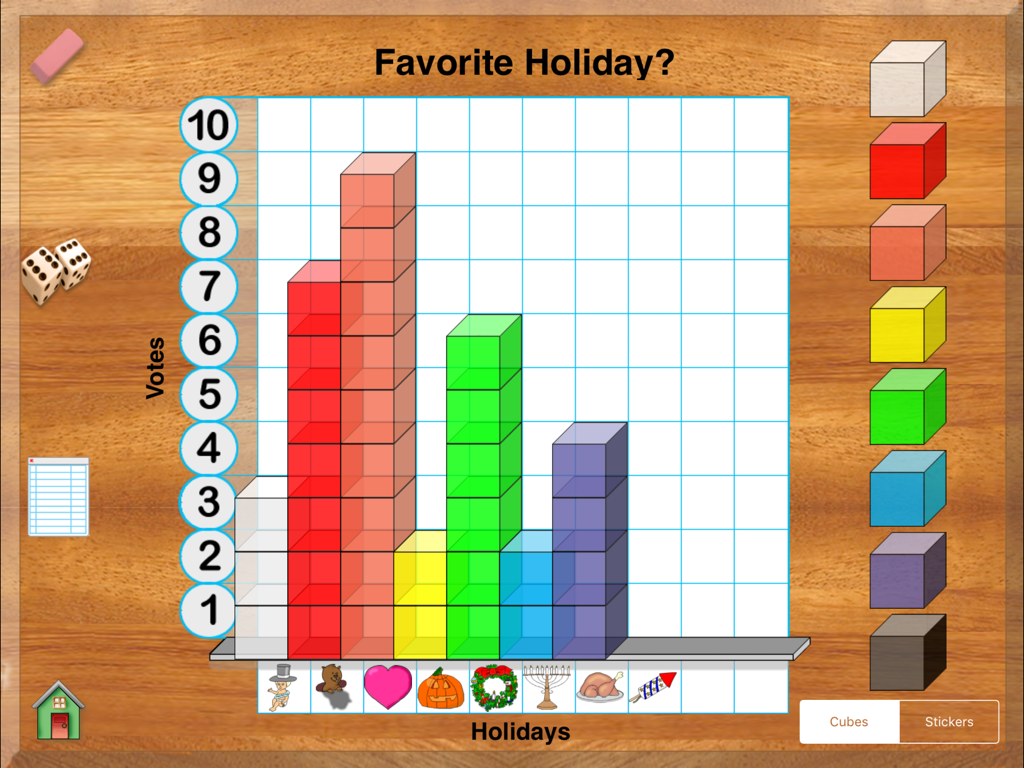 Hands-On Math Graph Cubes - Una gráfica de barras virtual titulada 'Vacaciones Favoritas' creada con cubos de colores en una aplicación matemática educativa.