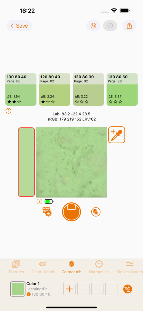 Interface de l'application RAL iColours montrant la correspondance des couleurs en temps réel et les valeurs techniques pour une texture verte