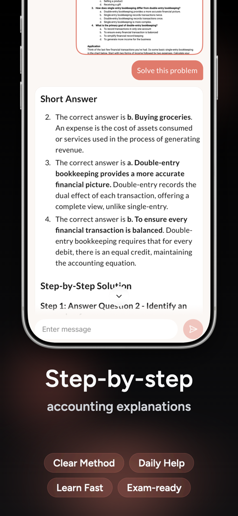 Accounting AI Solver Helper - Pantalla de smartphone del Solucionador IA de Contabilidad proporcionando soluciones financieras detalladas paso a paso