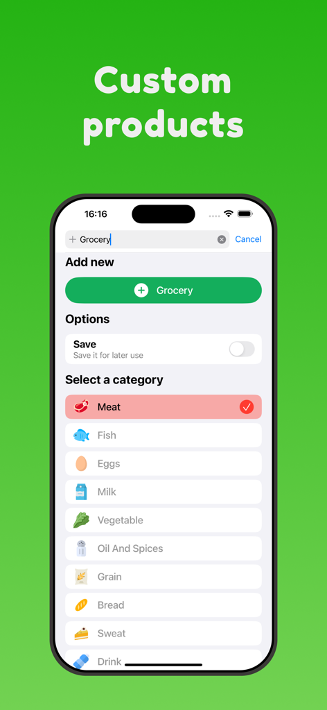 Tela do aplicativo mostrando a interface para adicionar um item de mercearia personalizado e selecionar sua categoria alimentar, como carne ou vegetais