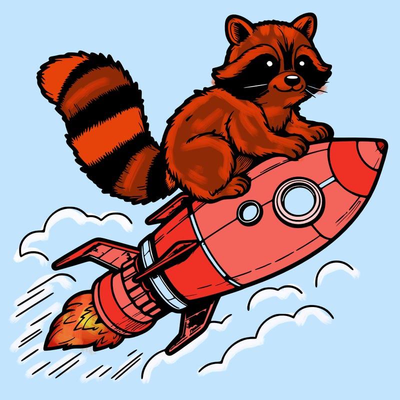 realistic raccoon flying on top rocket ship