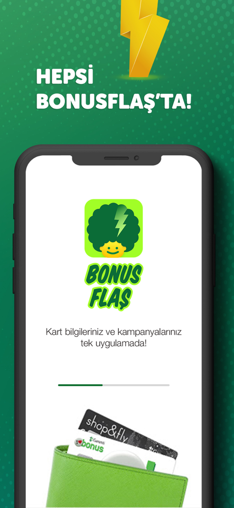BonusFlaş - BonusFlasアプリのロード画面、ロゴとクレジットカード付きのウォレットが表示されています。