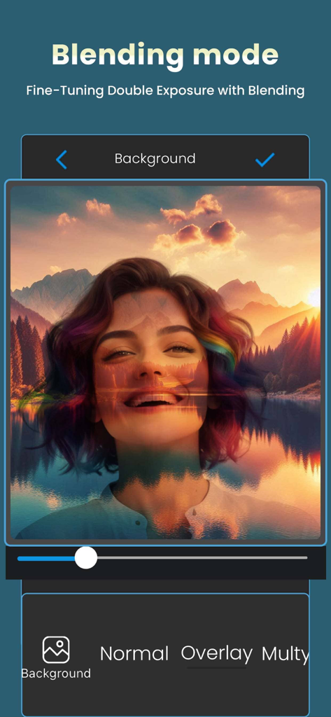 Double Exposure: Photo Merge - A woman's portrait blended with a scenic mountain sunset landscape in the Double Exposure photo editing app interface.