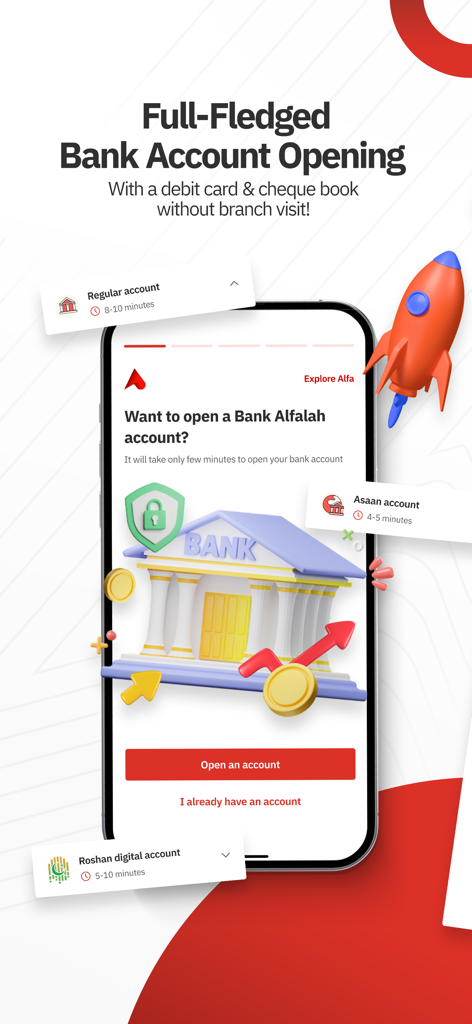 Interfaccia dell'app mobile Alfa per l'apertura remota di un conto bancario pakistano con opzioni per conti Regular Asaan e Roshan Digital