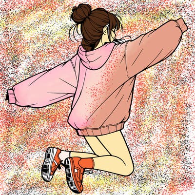 realistic girl jumping with a bun and oversized sweatshirt