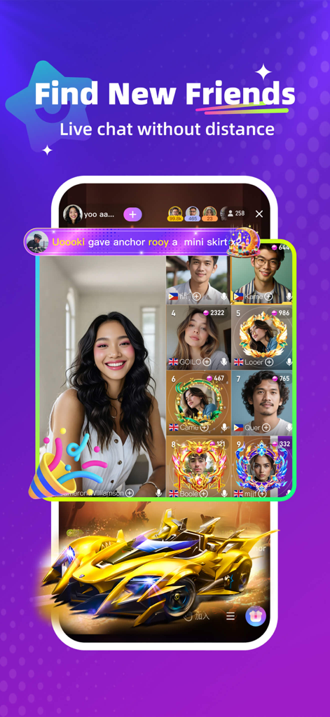 Crush Live - Interface of Crush Live app featuring a group video chat room and live gift animations