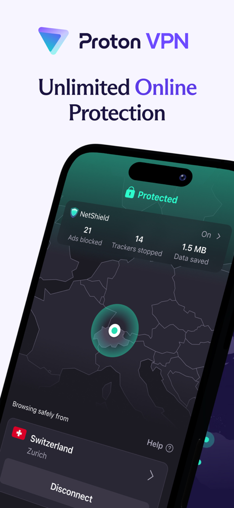 A smartphone showing the Proton VPN app interface with a protected connection to Switzerland and NetShield security stats