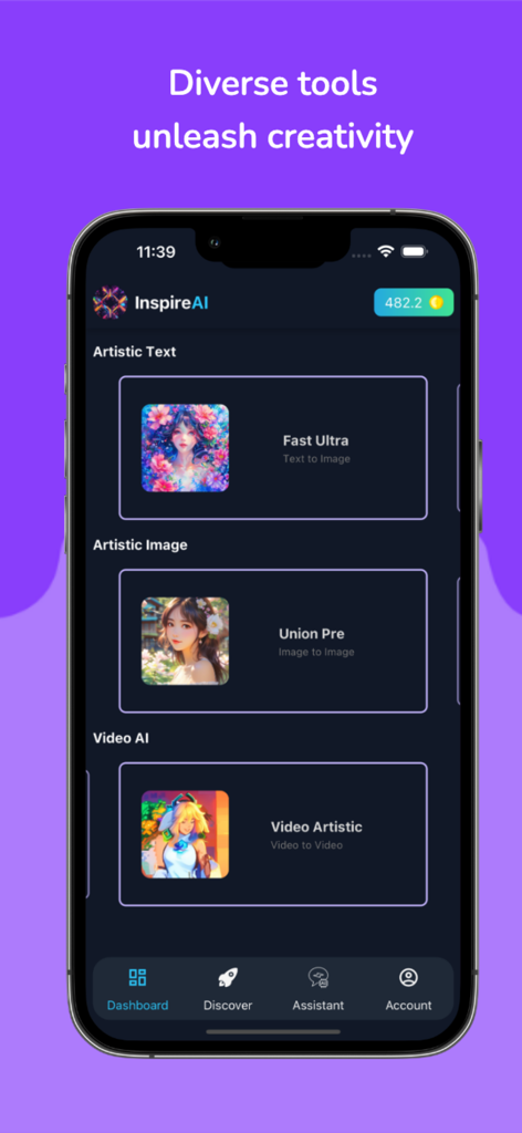 Video AI - Inspire.AI - Inspire.AI app dashboard featuring diverse tools for creating AI-generated text, images, and videos