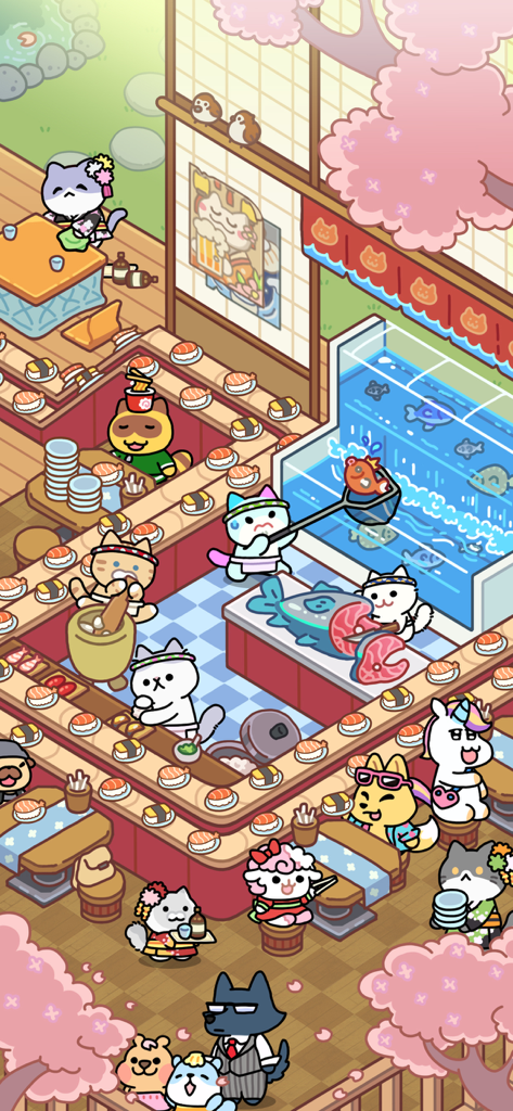 Catstaurant : Cat Chefs - 아늑한 경영 게임에서 컨베이어 벨트 레스토랑에서 초밥을 준비하고 서빙하는 귀여운 고양이 셰프들.