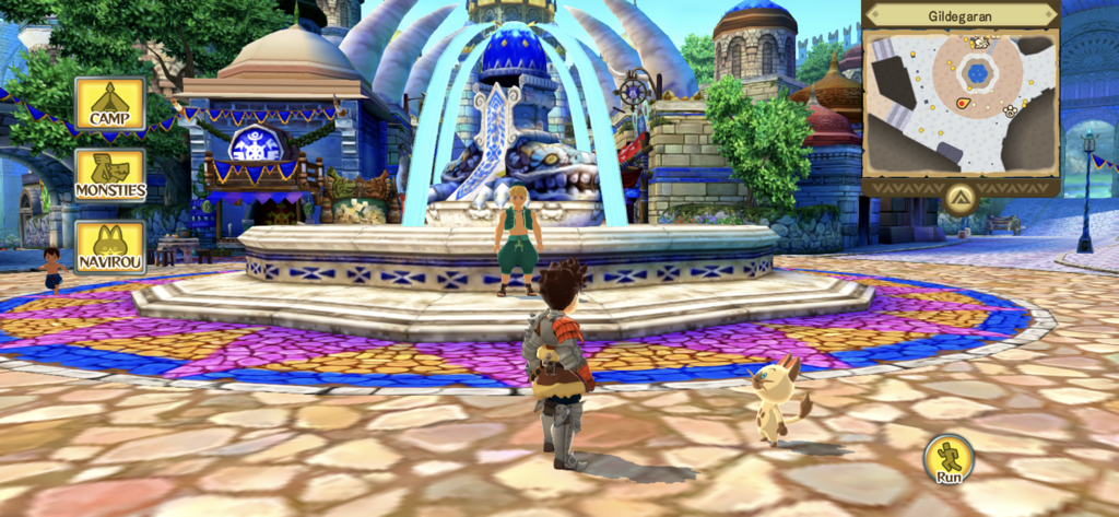 Monster Hunter Stories - Gameplay screenshot of Monster Hunter Stories featuring the player character and Navirou in the city of Gildegaran