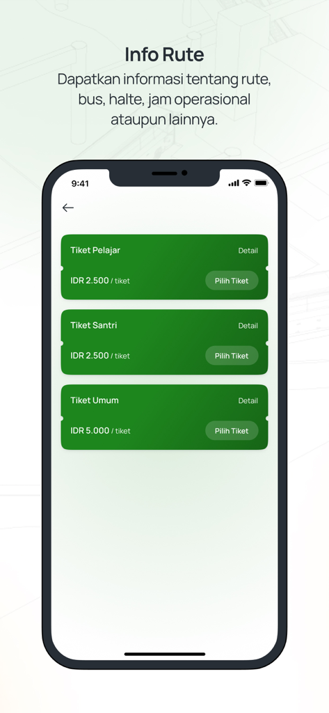 Mobile screen of the Trans Jatim app showing ticket categories and prices for students and general passengers.