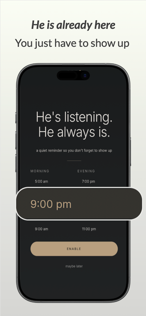One Question to Jesus - Una pantalla de configuración de recordatorio de oración diario en la aplicación Una Pregunta a Jesús que muestra una hora de notificación a las 9:00 PM.