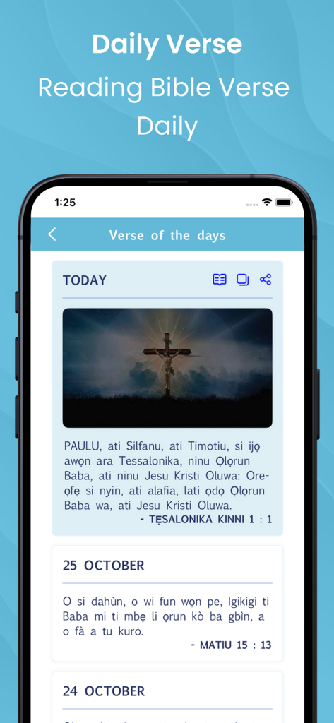Daily verse screen in the Yoruba Bible app featuring a crucifix and Yoruba scripture.