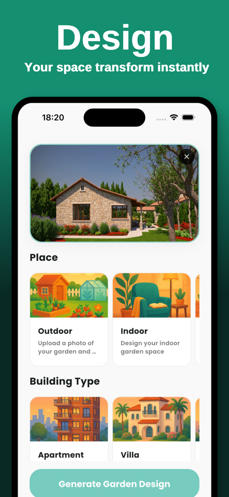 Gardenby AI mobile app interface showing design options for outdoor and indoor garden spaces with different building types like villa and apartment.