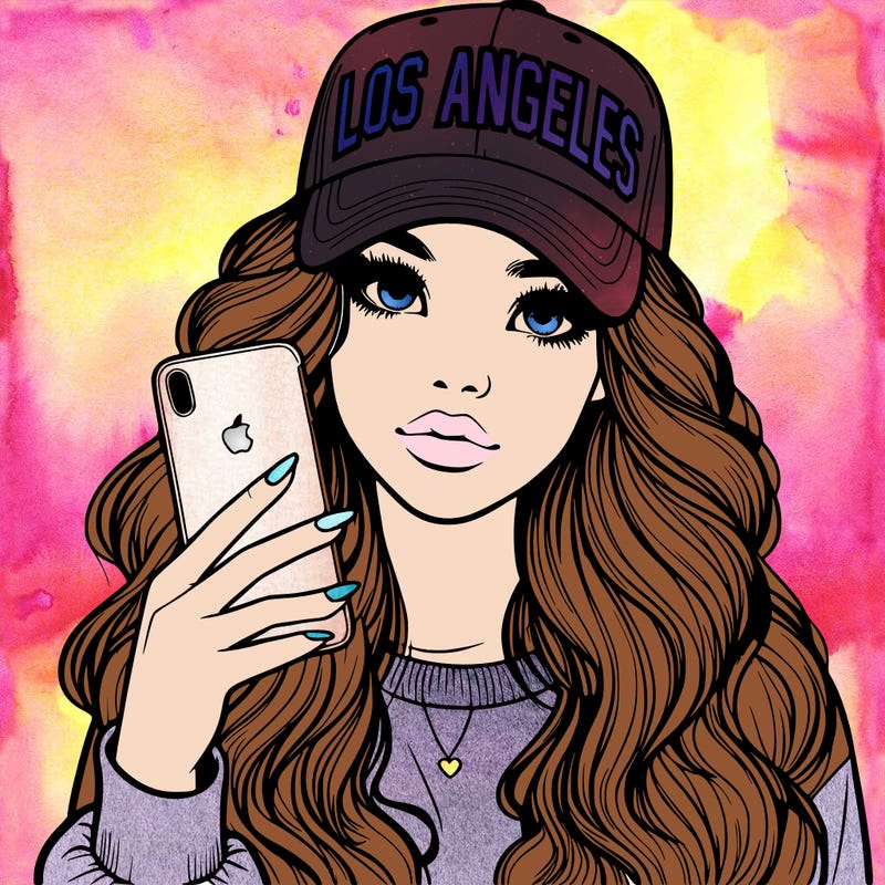 realistic beautiful girl wearing los ángeles cap holding an iphone
