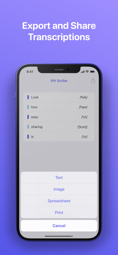IPA Scribe: IPA Transcriptions - IPA Scribe app showing export options for phonetic transcriptions including text image and spreadsheet formats