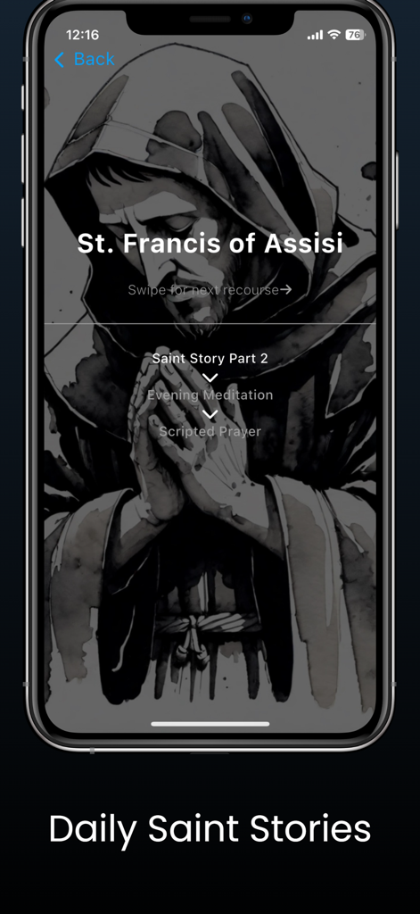 Smartphone screen showing a story about St Francis of Assisi with options for meditation and prayer