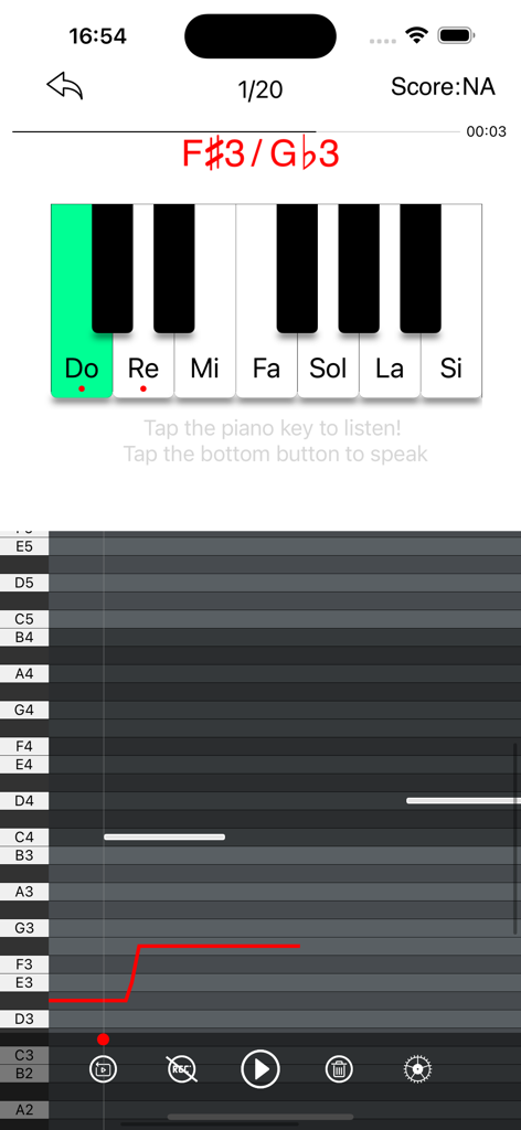 Vocal coach - Perfect Ear App - Interfaz de una aplicación móvil mostrando seguimiento de tono vocal en tiempo real con un teclado de piano y un gráfico de notas musicales para entrenamiento del oído.
