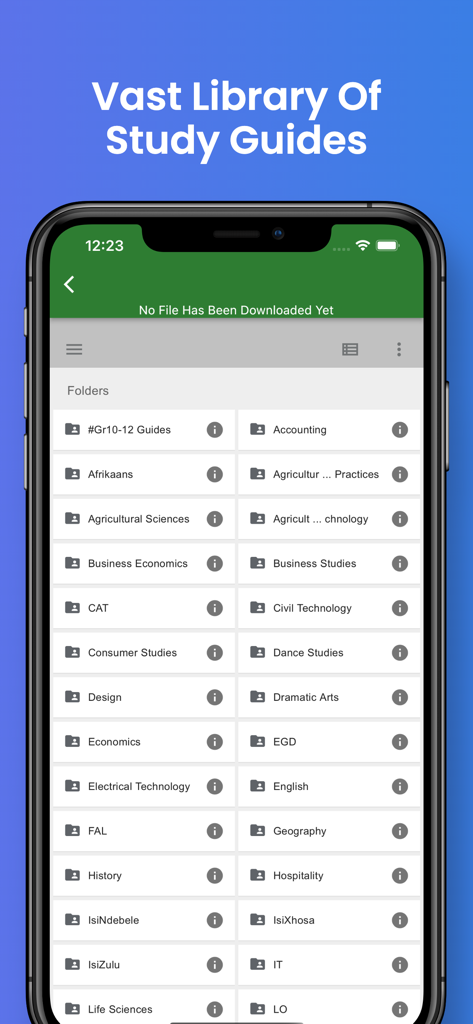 IEB Matric Exam Papers - Screenshot of the IEB Matric Exam Papers app showing a grid of folders for various study guides and subjects