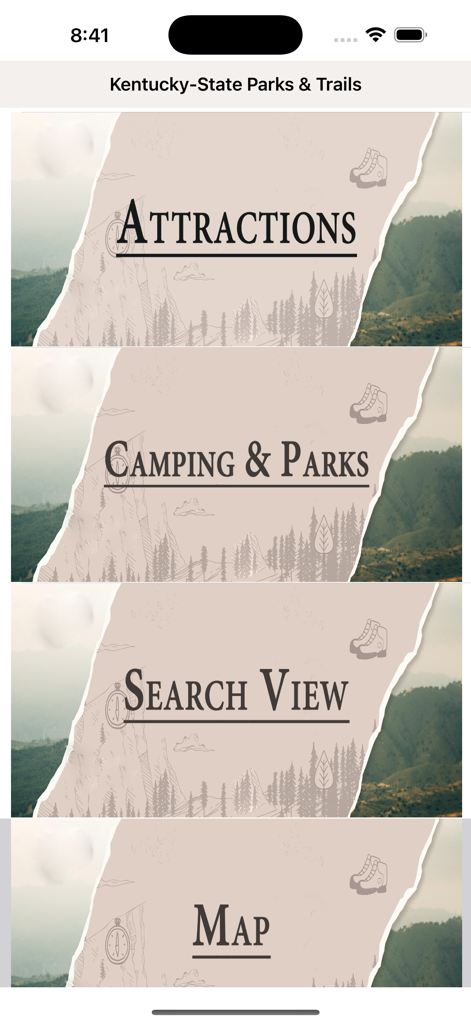 Parks & Trails - Kentucky - Main menu of the Parks and Trails Kentucky app with buttons for Attractions, Camping and Parks, Search View, and Map
