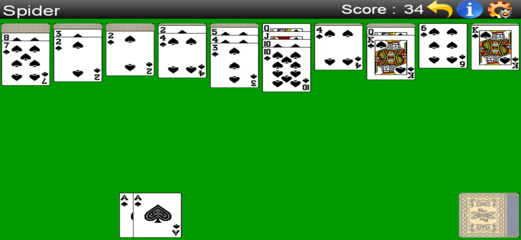 Spider Solitaire Lite mobile game screen with cards on a green background