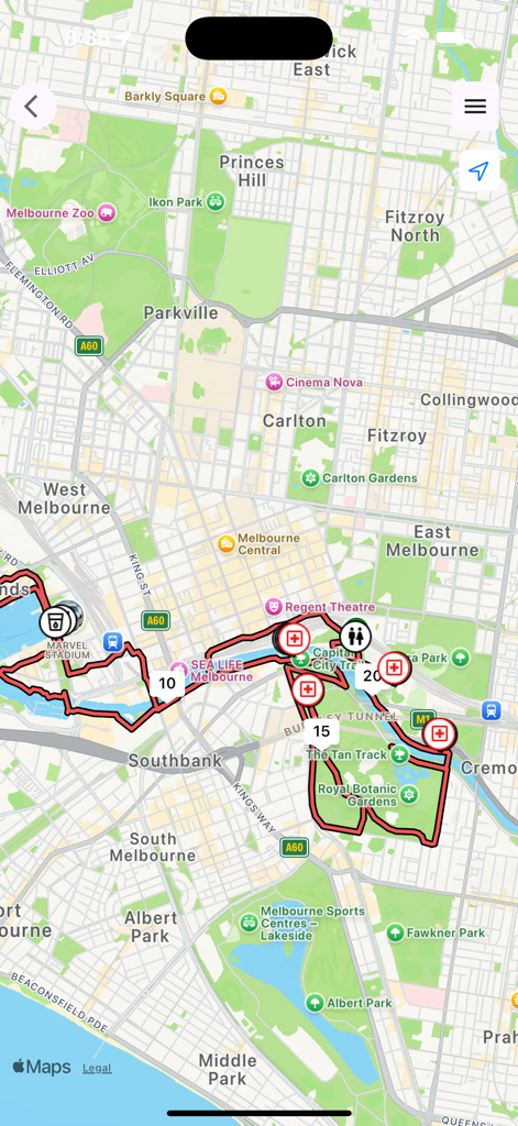 Sole Motive - A marathon race route map in the Sole Motive app featuring course markers and event facility icons