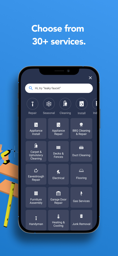 Jiffy - Interfaccia dell'app Jiffy che mostra un menu di oltre 30 servizi di manutenzione domestica, inclusa la riparazione di elettrodomestici e lavori elettrici