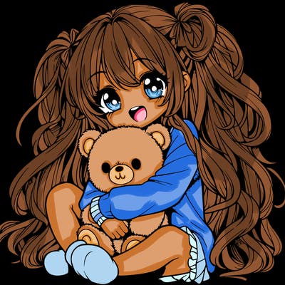 manga girl, long curly hair, happy, cuddling a teddy bear