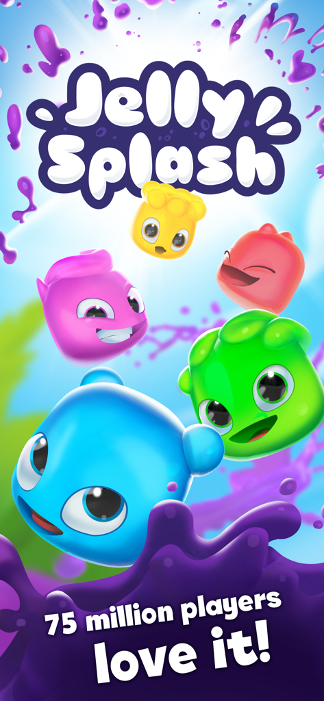 Colorful jelly characters on the Jelly Splash game title screen with social proof text