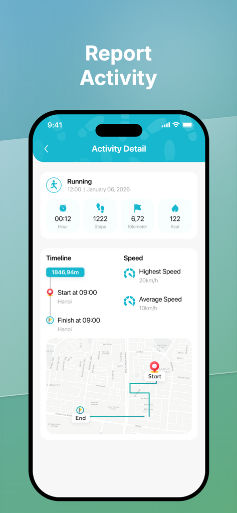 Detaillierter Aktivitätsberichtsbildschirm der Step Counter App mit Laufstatistiken wie Schritten, Distanz und Kalorien